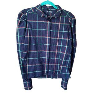 Retford Womens VTG Blouse Sz 10 Navy Blue Plaid Twee Peter Pan Collar Academia